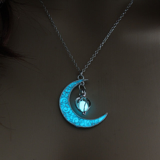 Enchanted Wicca Pagan Crescent Moon Glow in the Dark Orb Necklace - Heavy Metal Jewelry Clothing 
