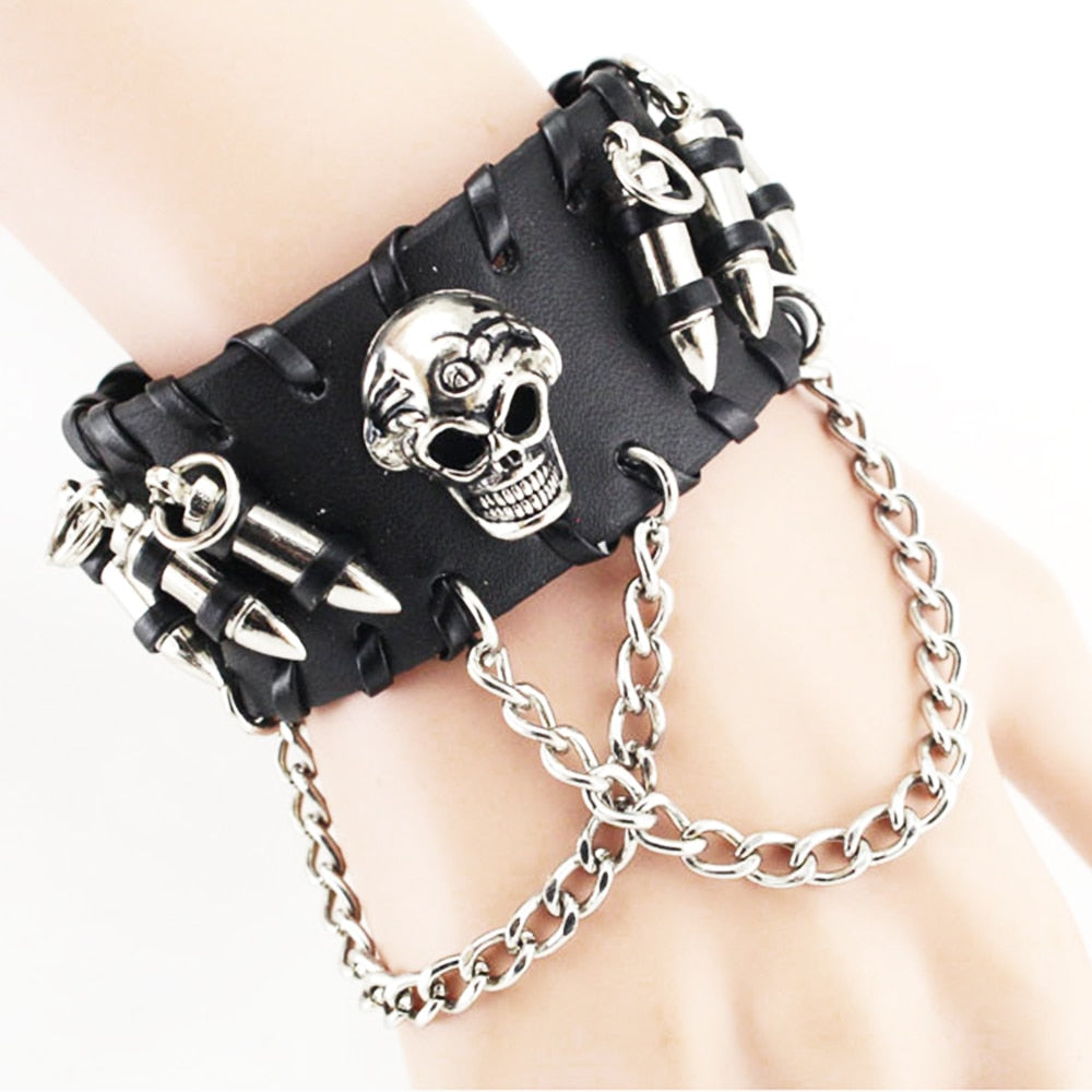 Black Metal Skull and Bullets Leather Bracelet with Chains - Heavy Metal Jewelry Clothing 