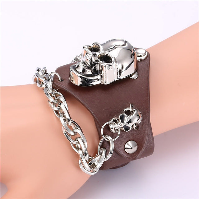 Metal Punk Gothic Cracked Skull and Chain Bracelet - Heavy Metal Jewelry Clothing 