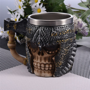 Viking Metal Warrior Skull Tankard with Battleaxe Drinking Mug Stainless Steel - Heavy Metal Jewelry Clothing 