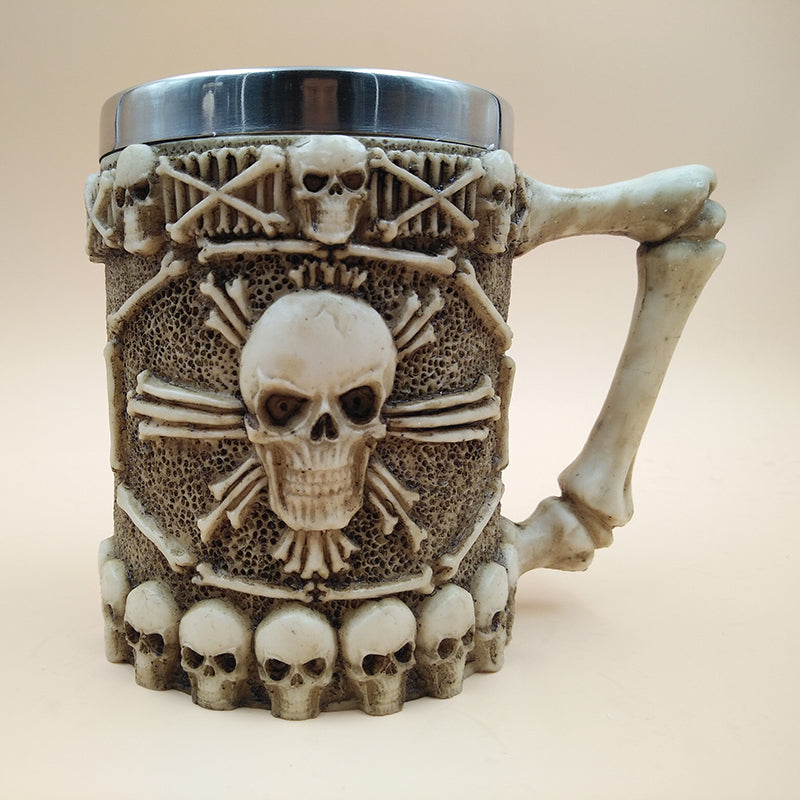 Metal Skull and Bones Tankard Drinking Mug with Skeleton Handle Stainless Steel - Heavy Metal Jewelry Clothing 
