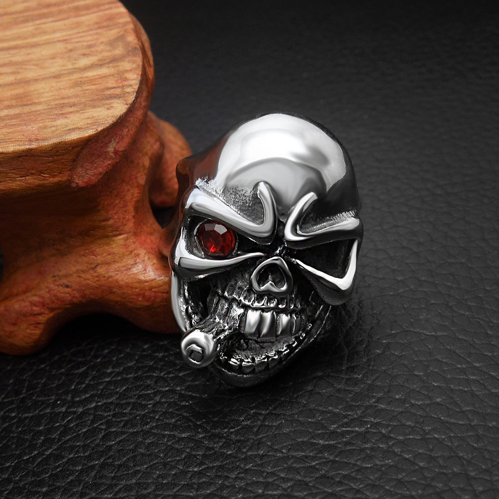 Silver Metal Skull Ring with Cigar in Mouth and One Red Eye