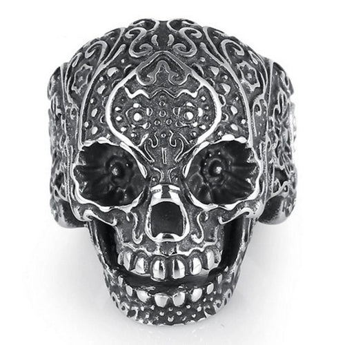 Silver Metal Skull Elaborately Detailed Ring Titanium Steel - Heavy Metal Jewelry Clothing 