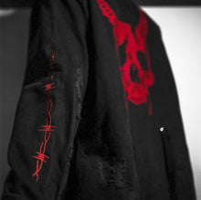 Red Horned Demon Heavy Metal Gothic Punk Denim Hoodie Jacket with Barbed Wire Details plus Straps
