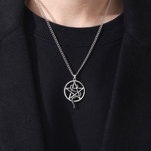 Gothic Serpent Pentagram Necklace with Snake - Heavy Metal Jewelry Clothing 