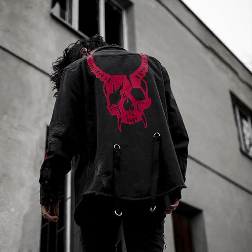 Red Horned Demon Heavy Metal Gothic Punk Denim Hoodie Jacket with Barbed Wire Details plus Straps