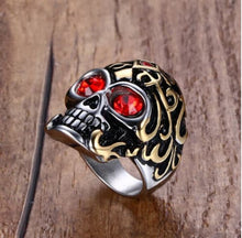 Black and Gold Metal Skull Ring with Red Stone Eyes Stainless Steel - Heavy Metal Jewelry Clothing 