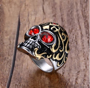 Black and Gold Metal Skull Ring with Red Stone Eyes Stainless Steel - Heavy Metal Jewelry Clothing 