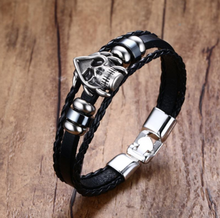 Black and Silver Metal Punk Gothic Skull Reaper Bracelet PU Leather - Heavy Metal Jewelry Clothing 