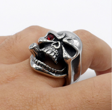 Silver Metal Skull Ring with Cigar in Mouth and One Red Eye Stainless Steel - Heavy Metal Jewelry Clothing 