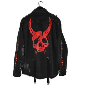 Red Horned Demon Heavy Metal Gothic Punk Denim Hoodie Jacket with Barbed Wire Details plus Straps