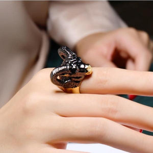Massive Black Metal and Gold Goat Head with Curled Horns Ring - Heavy Metal Jewelry Clothing 