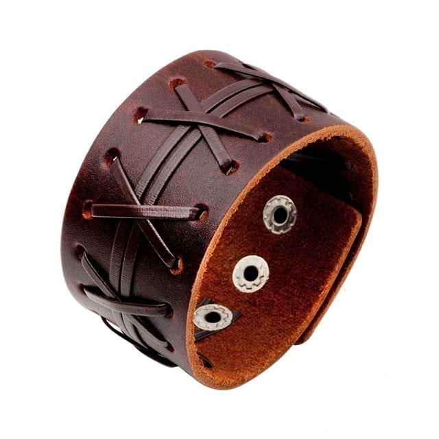 Two Row Laced Eyelet Heavy Metal Leather Bracelet - Heavy Metal Jewelry Clothing 
