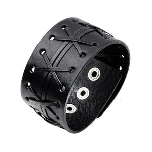 Two Row Laced Eyelet Heavy Metal Leather Bracelet - Heavy Metal Jewelry Clothing 