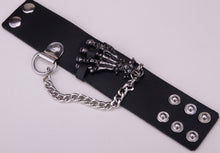 Metal Skeleton Hand Grasp with Chain Leather Bracelet - Heavy Metal Jewelry Clothing 