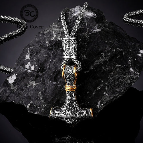 Norse Vikings Thor's Hammer Mjolnir Necklace with Gold Accents - Heavy Metal Jewelry Clothing 