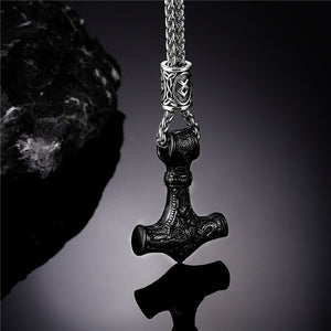 Norse Vikings Thor's Hammer Mjolnir Necklace with Gold Accents - Heavy Metal Jewelry Clothing 