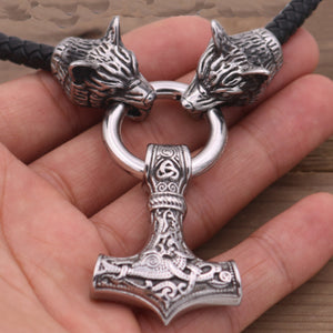 Black Viking Odin Thunder Hammer and Roaring Wolf Head Mjolnir Amulet Necklace Viking Jewelry - Heavy Metal Jewelry Clothing 