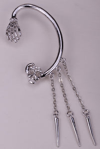 Metal Skull Skeleton Hand Left Ear Clip Cuff Earring With Crystals - Heavy Metal Jewelry Clothing 