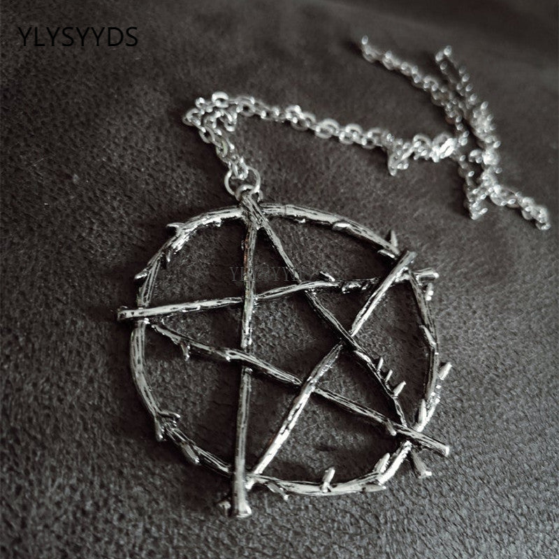Gothic punk silver pentagram gear open leather rope necklace for