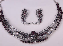 Metal Skull with Wings Necklace Pendant Earrings and Crystals - Heavy Metal Jewelry Clothing 