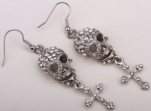 Metal Skull and Cross Dangle Earrings with Crystals - Heavy Metal Jewelry Clothing 
