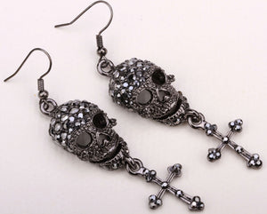 Metal Skull and Cross Dangle Earrings with Crystals - Heavy Metal Jewelry Clothing 