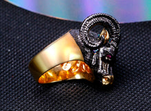 Massive Black Metal and Gold Goat Head with Curled Horns Ring - Heavy Metal Jewelry Clothing 