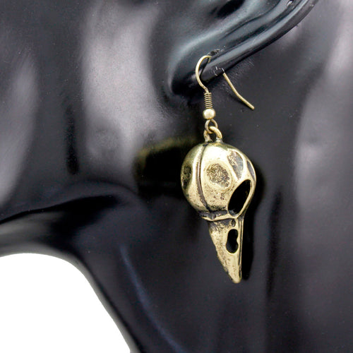 Metal Antique Gold Crow Raven Death Bird Skull Earrings - Heavy Metal Jewelry Clothing 