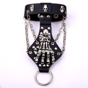 Elaborate Metal Skull Fist Skeleton Bracelet with Chains - Heavy Metal Jewelry Clothing 