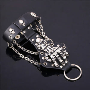 Elaborate Metal Skull Fist Skeleton Bracelet with Chains - Heavy Metal Jewelry Clothing 