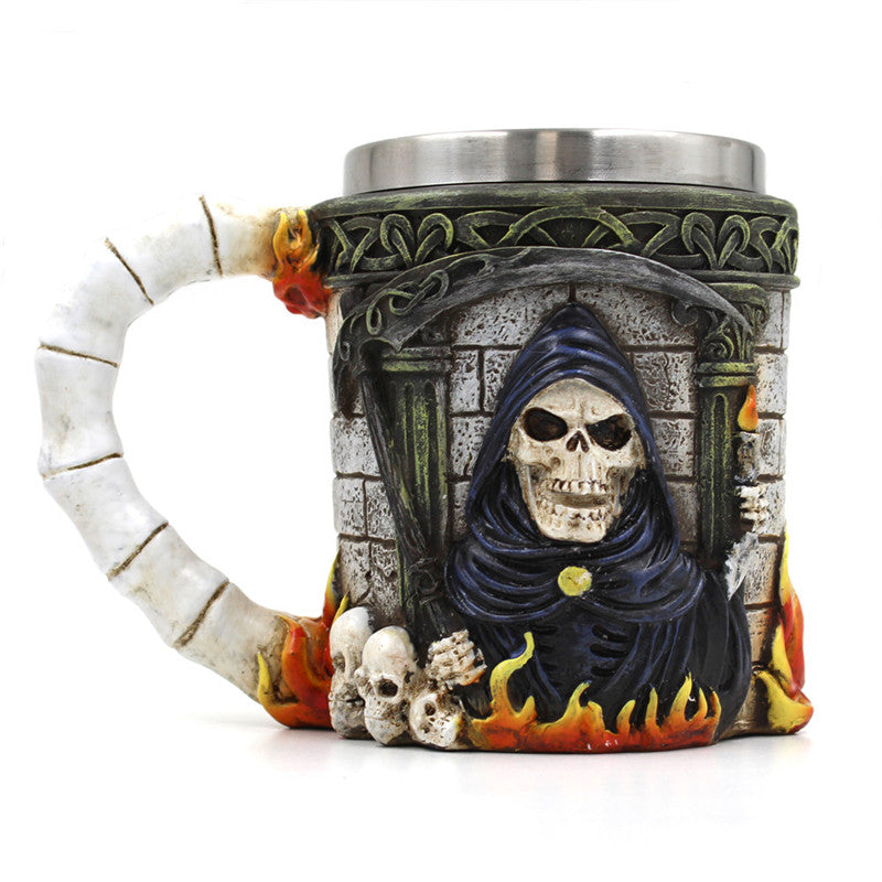 Metal Grim Reaper Skull Tankard Scythe and Flames Drinking Mug - Heavy Metal Jewelry Clothing 
