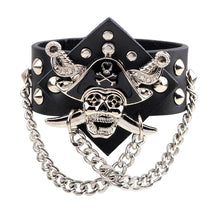Black Pirate Metal Skull Leather Bracelet with Chains - Heavy Metal Jewelry Clothing 