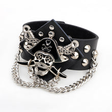 Black Pirate Metal Skull Leather Bracelet with Chains - Heavy Metal Jewelry Clothing 