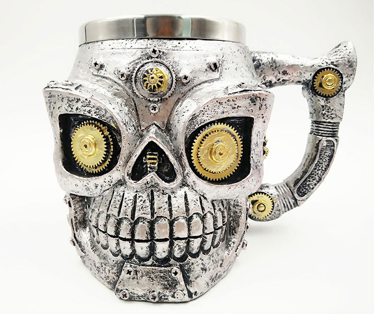 Metal Gothic Steampunk Skull Mug with Cog Eyes - Heavy Metal Jewelry Clothing 
