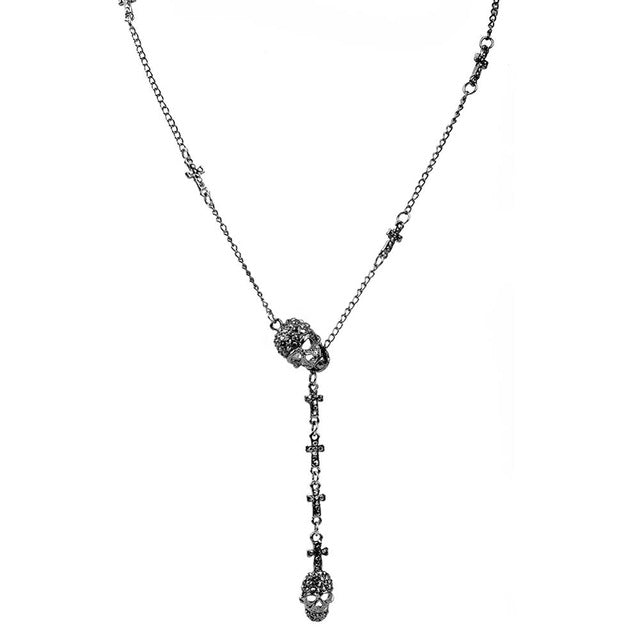 Skulls and Crosses Long Crystal Pendant Necklace - Heavy Metal Jewelry Clothing 