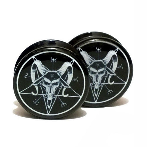Metal Goat Skull Pentagram Earring Gauges Plugs Flesh Tunnels - Heavy Metal Jewelry Clothing 