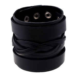 Three Row Black Leather Braid Bracelet - Heavy Metal Jewelry Clothing 