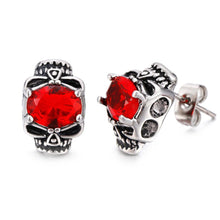 Metal Dual Skulls Red Cubic Zirconia Crystal Stud Earrings - Heavy Metal Jewelry Clothing 