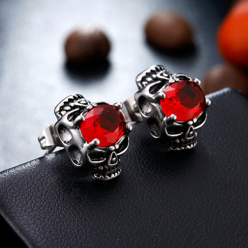 Metal Dual Skulls Red Cubic Zirconia Crystal Stud Earrings - Heavy Metal Jewelry Clothing 