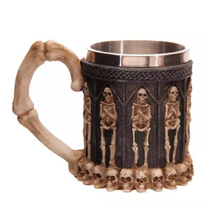 Metal Skeletons and Skulls Tankard with Bone Handle Drinking Mug Stainless Steel - Heavy Metal Jewelry Clothing 
