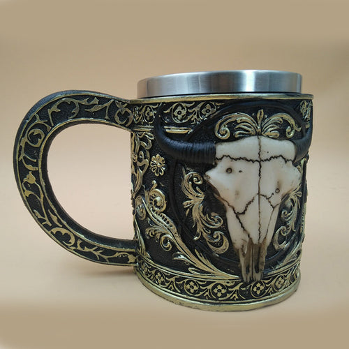 Metal Bull Horns Ivory Skull Tankard Drinking Mug Stainless Steel - Heavy Metal Jewelry Clothing 