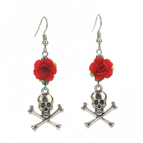 Metal Skull and Crossbones Rose Flower Earrings - Heavy Metal Jewelry Clothing 