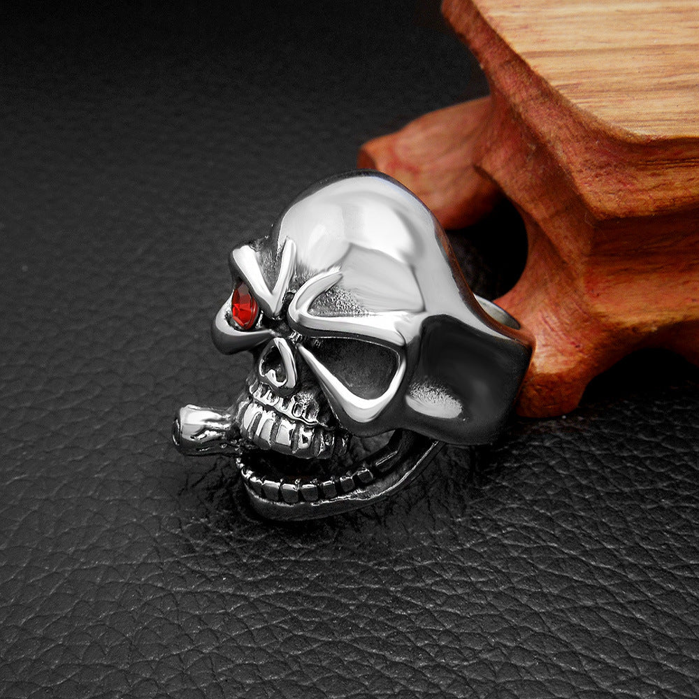 Silver Metal Skull Ring with Cigar in Mouth and One Red Eye