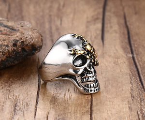 Silver Metal Skull with Scorpion on Face Ring Stainless Steel - Heavy Metal Jewelry Clothing 