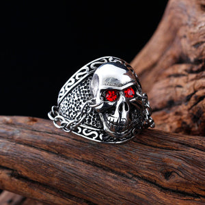 Huge Silver Metal Skull Ring with Red Eyes and Chains Stainless Steel - Heavy Metal Jewelry Clothing 