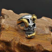 Silver and Gold Metal Skull and Snake Ring Titanium Steel - Heavy Metal Jewelry Clothing 