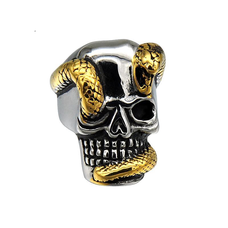 Silver and Gold Metal Skull and Snake Ring Titanium Steel - Heavy Metal Jewelry Clothing 