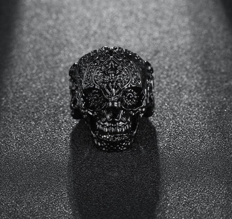 Silver Metal Skull Elaborately Detailed Ring Titanium Steel - Heavy Metal Jewelry Clothing 