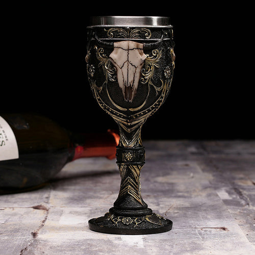 Metal Bovine skull and Horns Ivory Chalice Mug Stainless Steel - Heavy Metal Jewelry Clothing 